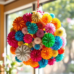 A beautifully crafted handmade decoration made from colorful paper balls, intricately arranged in a vibrant and artistic display