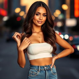 A glamorous young woman with long, wavy brunette hair wearing a trendy crop top and high-waisted jeans