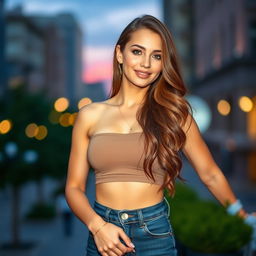 A glamorous young woman with long, wavy brunette hair wearing a trendy crop top and high-waisted jeans
