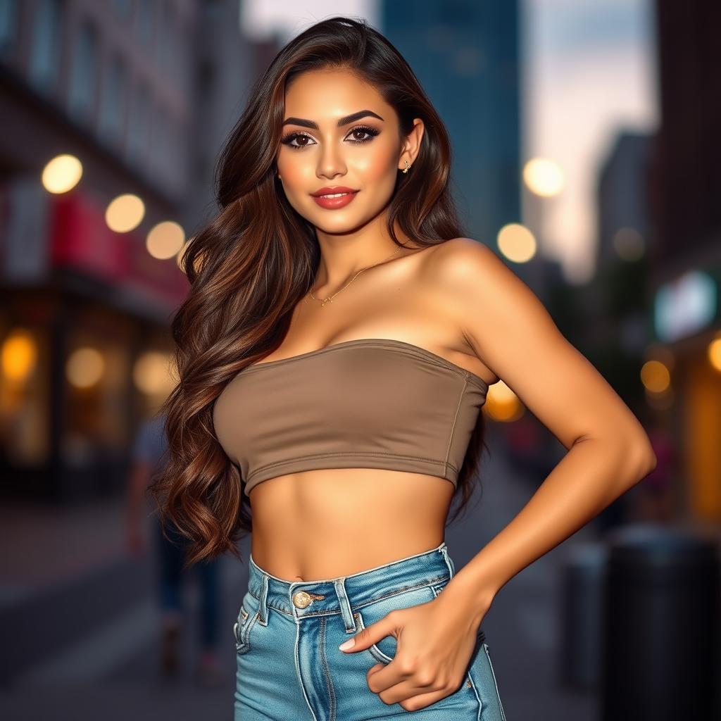 A glamorous young woman with long, wavy brunette hair wearing a trendy crop top and high-waisted jeans