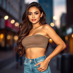 A glamorous young woman with long, wavy brunette hair wearing a trendy crop top and high-waisted jeans