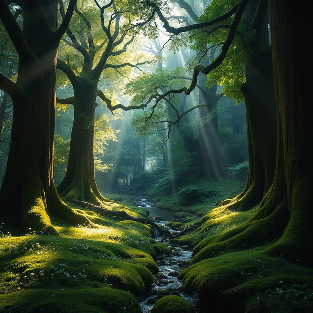 A serene and mystical forest scene, featuring tall, ancient trees with thick, green foliage