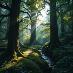 A serene and mystical forest scene, featuring tall, ancient trees with thick, green foliage