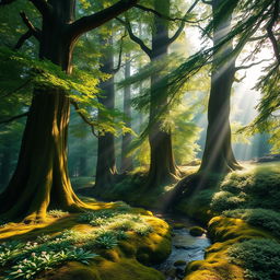 A serene and mystical forest scene, featuring tall, ancient trees with thick, green foliage