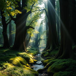 A serene and mystical forest scene, featuring tall, ancient trees with thick, green foliage