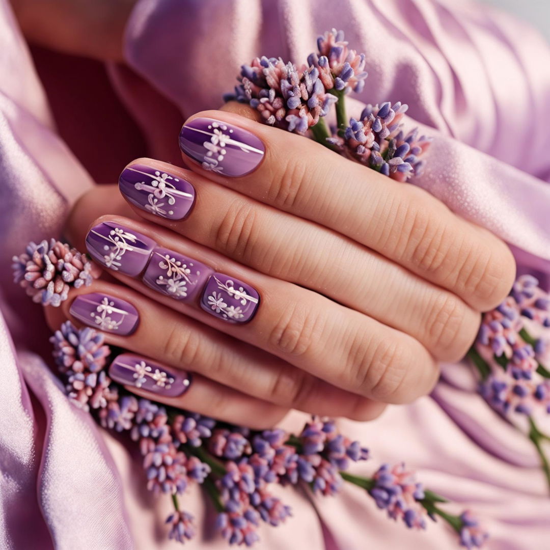 The image depicts a hand with nails painted in a glossy lavender shade, adorned with intricate lavender flower designs