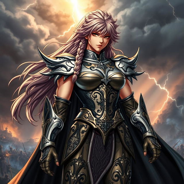 A powerful and muscular female character dressed in a medieval gothic metal Saint Seiya costume