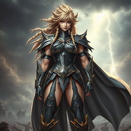 A powerful and muscular female character dressed in a medieval gothic metal Saint Seiya costume