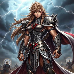 A powerful and muscular female character dressed in a medieval gothic metal Saint Seiya costume
