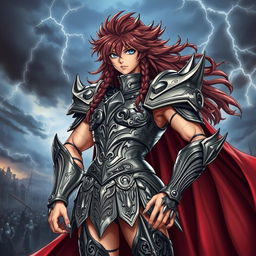 A powerful and muscular female character dressed in a medieval gothic metal Saint Seiya costume