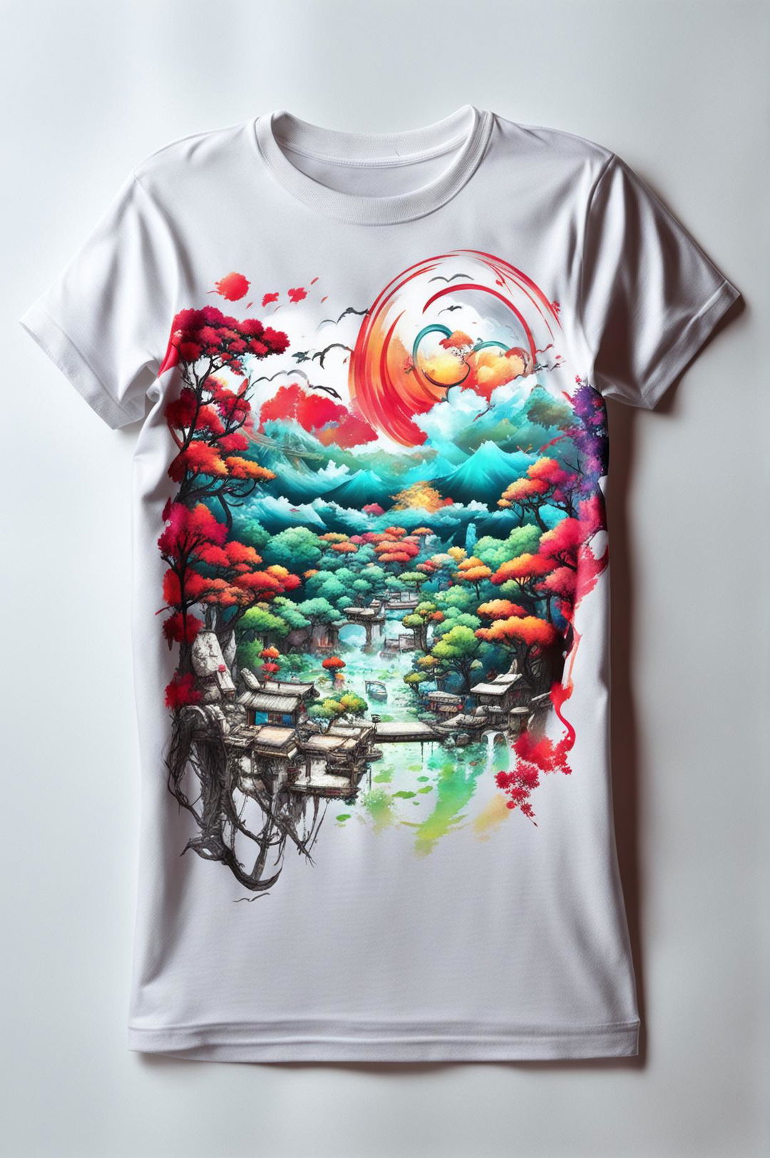 A high-resolution product editorial photograph of a white graphic tee featuring a vibrant anime landscape print