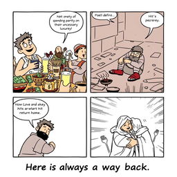 A comic strip depicting the themes of waste, redemption, and fulfillment in a biblical context