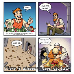 A comic strip depicting the themes of waste, redemption, and fulfillment in a biblical context