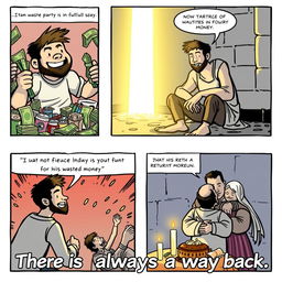 A comic strip depicting the themes of waste, redemption, and fulfillment in a biblical context