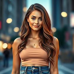 A realistic, pretty young woman with long, wavy brunette hair, wearing a trendy crop top and high-waisted jeans