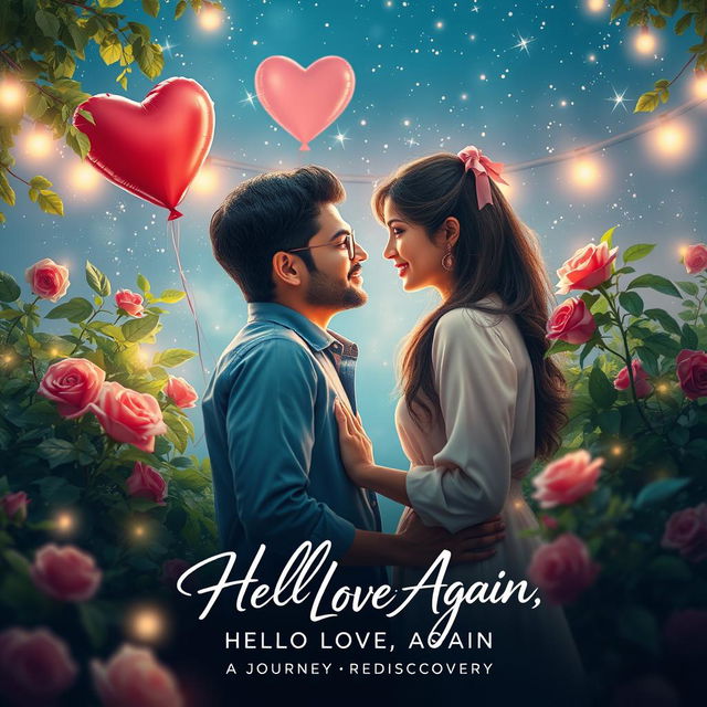 A vibrant movie poster redesign for the romantic film 'Hello Love, Again