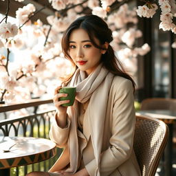 A beautiful, stylish Japanese woman sitting on a cafe terrace, surrounded by blooming cherry blossoms, dressed in a fashionable spring outfit with a light scarf, sipping a cup of matcha green tea, enjoying the serene atmosphere