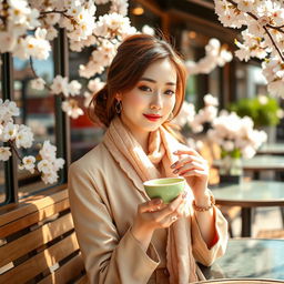 A beautiful, stylish Japanese woman sitting on a cafe terrace, surrounded by blooming cherry blossoms, dressed in a fashionable spring outfit with a light scarf, sipping a cup of matcha green tea, enjoying the serene atmosphere