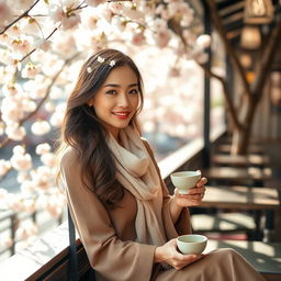 A beautiful, stylish Japanese woman sitting on a cafe terrace, surrounded by blooming cherry blossoms, dressed in a fashionable spring outfit with a light scarf, sipping a cup of matcha green tea, enjoying the serene atmosphere