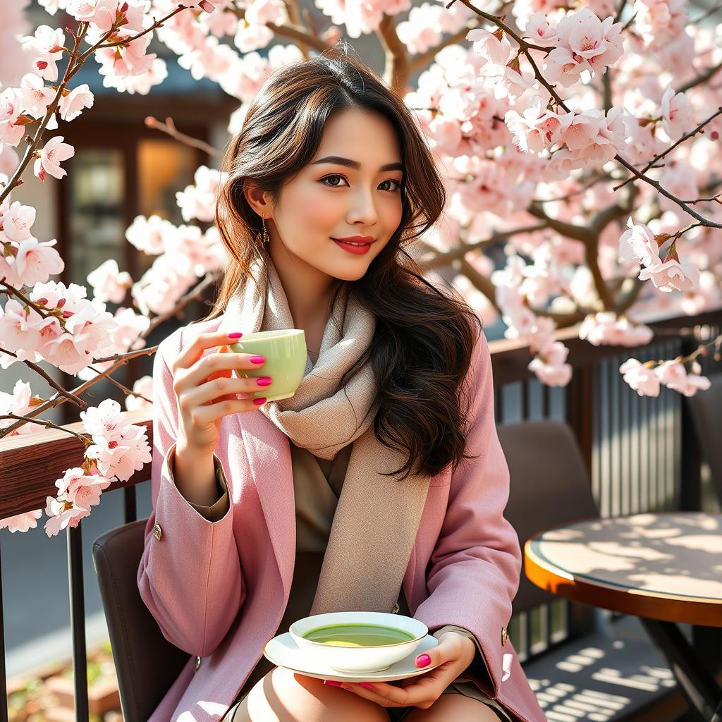 A beautiful, stylish Japanese woman sitting on a cafe terrace, surrounded by blooming cherry blossoms, dressed in a fashionable spring outfit with a light scarf, sipping a cup of matcha green tea, enjoying the serene atmosphere