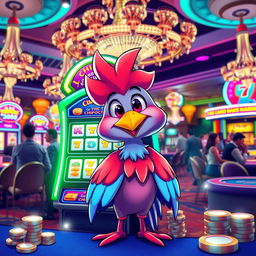 A vibrant casino scene featuring a lively character named Chica, who is a stylized animated bird with bright feathers, animated smile, and energetic personality