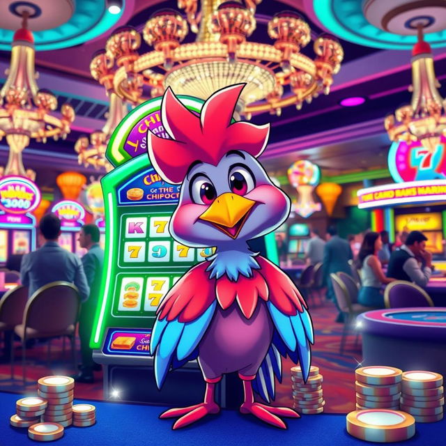 A vibrant casino scene featuring a lively character named Chica, who is a stylized animated bird with bright feathers, animated smile, and energetic personality