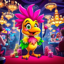 A vibrant casino scene featuring a lively character named Chica, who is a stylized animated bird with bright feathers, animated smile, and energetic personality