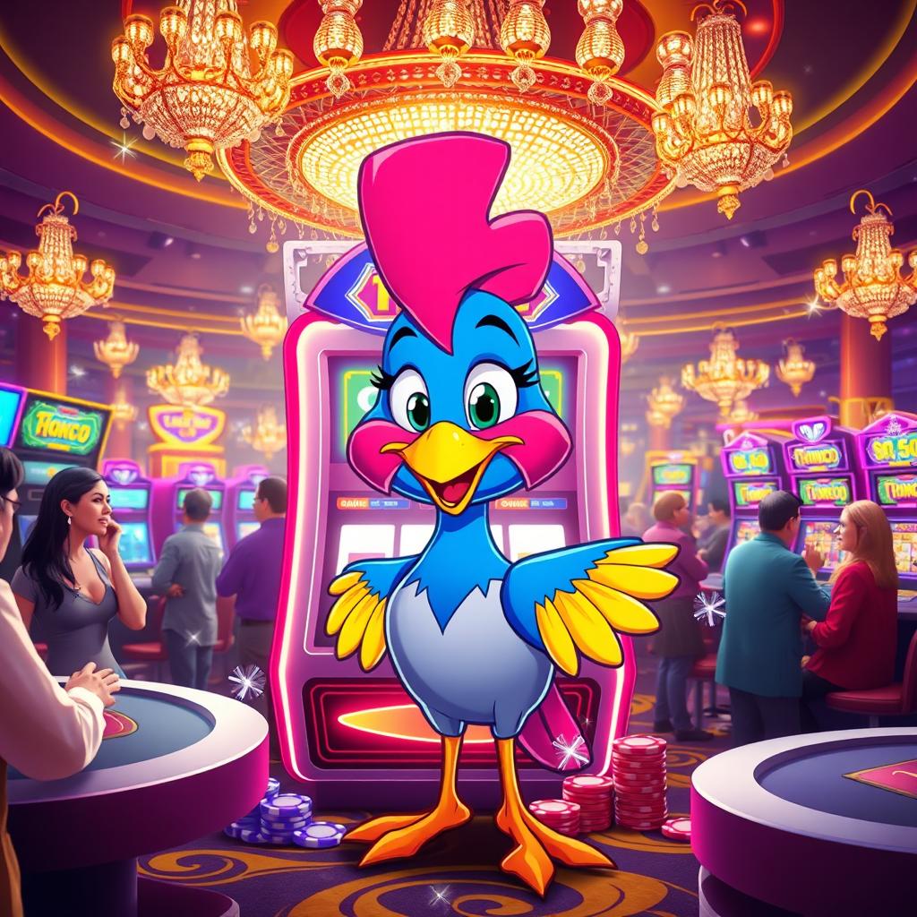 A vibrant casino scene featuring a lively character named Chica, who is a stylized animated bird with bright feathers, animated smile, and energetic personality