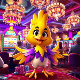 A vibrant casino scene featuring a lively character named Chica, who is a stylized animated bird with bright feathers, animated smile, and energetic personality