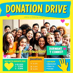 A vibrant and engaging poster for a donation drive, featuring bold colorful graphics and inviting text
