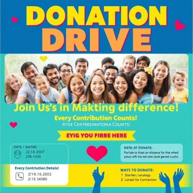 A vibrant and engaging poster for a donation drive, featuring bold colorful graphics and inviting text