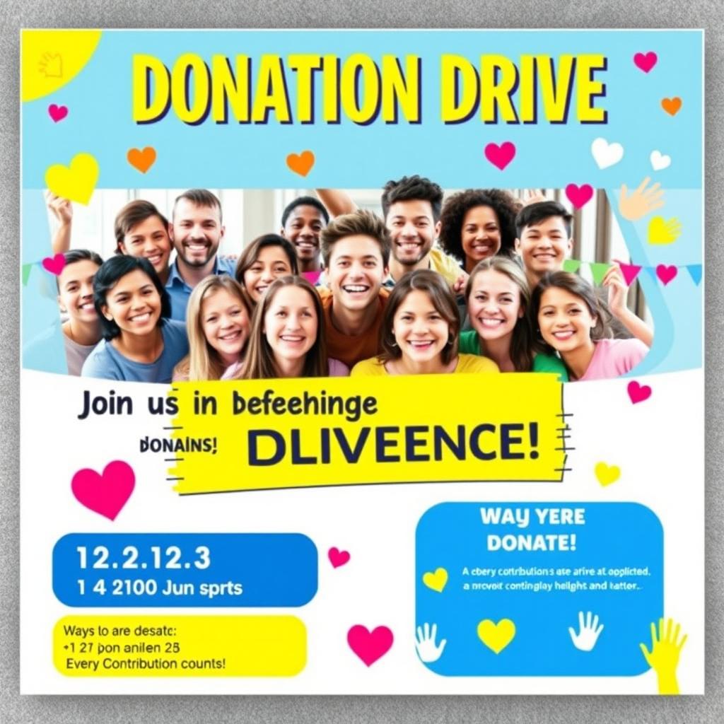 A vibrant and engaging poster for a donation drive, featuring bold colorful graphics and inviting text