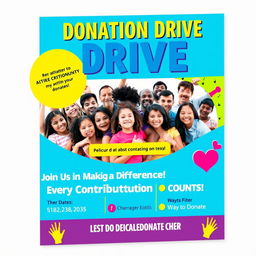 A vibrant and engaging poster for a donation drive, featuring bold colorful graphics and inviting text