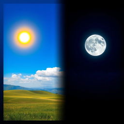 A serene landscape showcasing the transition from day to night