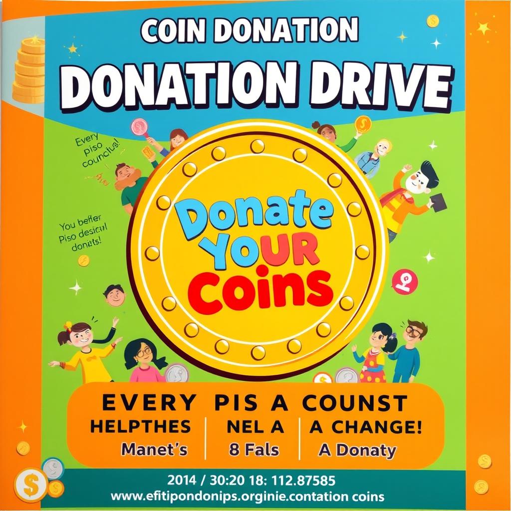 A lively and impactful poster for a coin donation drive, featuring vibrant colors and eye-catching graphics