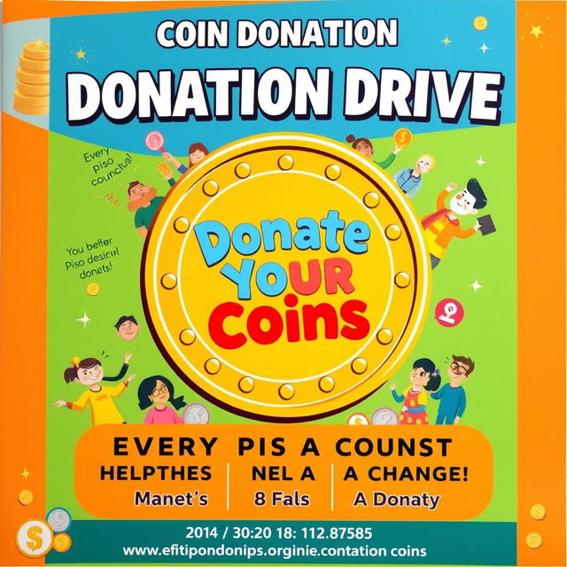 A lively and impactful poster for a coin donation drive, featuring vibrant colors and eye-catching graphics