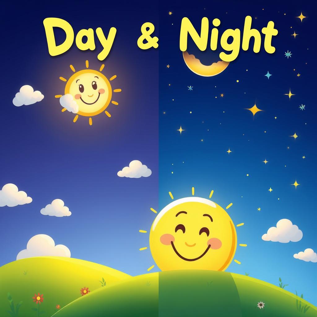 A colorful and playful animated landscape designed for children, illustrating the beauty of day and night