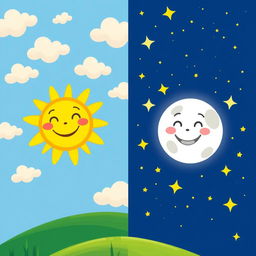 A colorful and playful animated landscape designed for children, illustrating the beauty of day and night