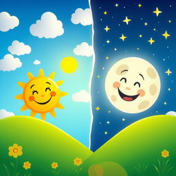 A colorful and playful animated landscape designed for children, illustrating the beauty of day and night