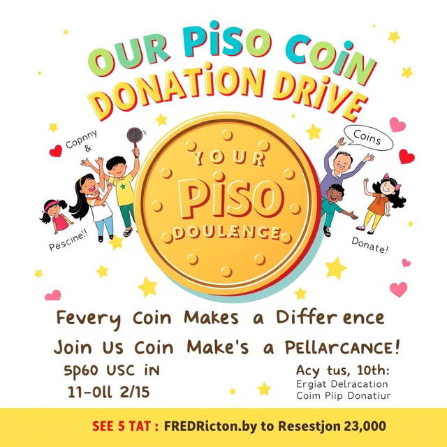 An energetic and captivating poster for the 'Your Piso Coin Donation Drive', prominently featuring a large, shiny piso coin at the center, symbolizing the essence of the campaign