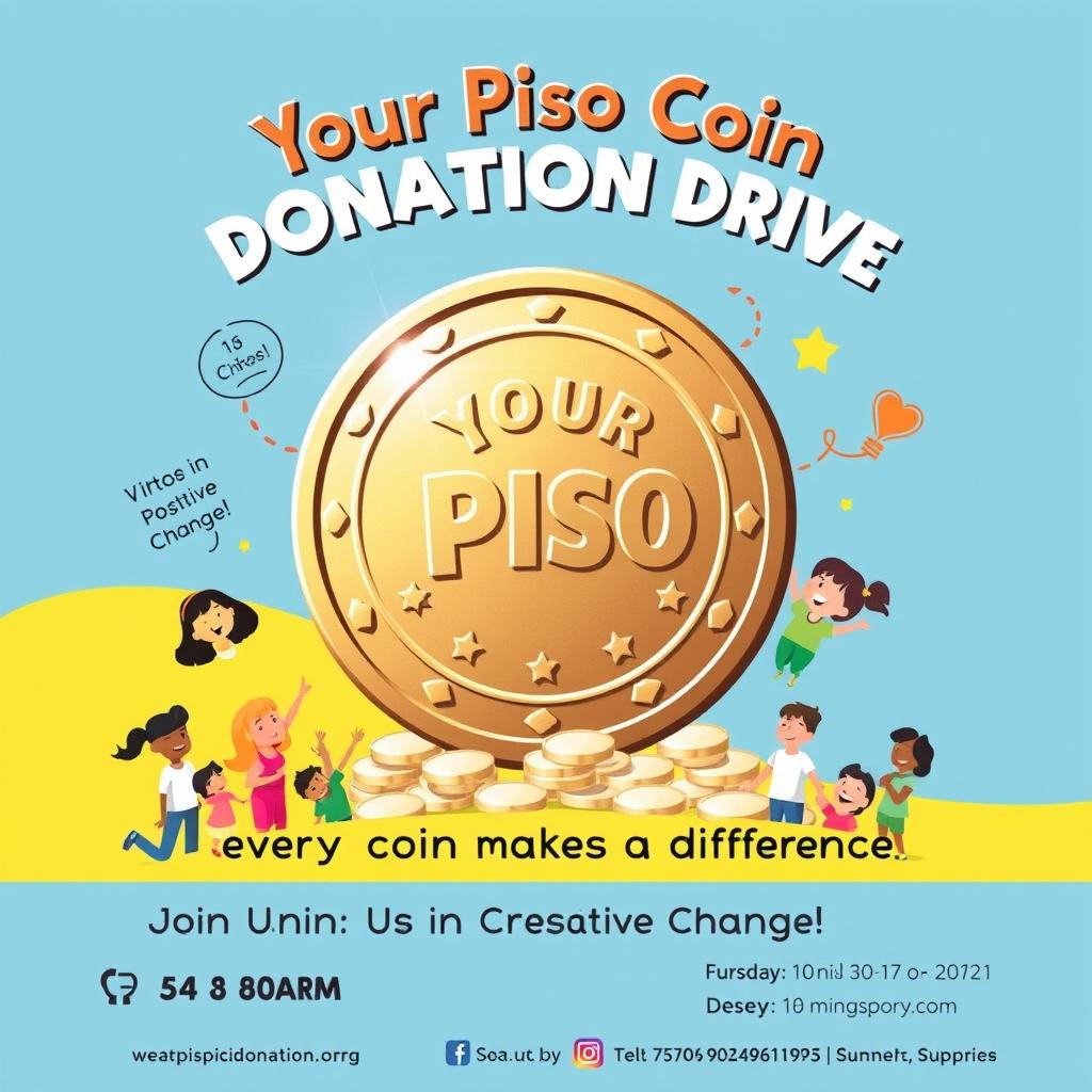 An energetic and captivating poster for the 'Your Piso Coin Donation Drive', prominently featuring a large, shiny piso coin at the center, symbolizing the essence of the campaign