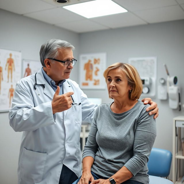 A concerned doctor examining a patient with shoulder disease in a bright, modern medical clinic