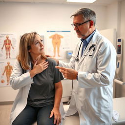 A concerned doctor examining a patient with shoulder disease in a bright, modern medical clinic