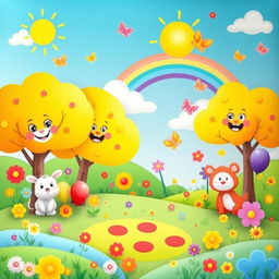 A vibrant and colorful background designed for children's activities featuring playful elements like cartoon animals, bright trees with cheerful faces, colorful flowers, and a sunny blue sky with fluffy clouds