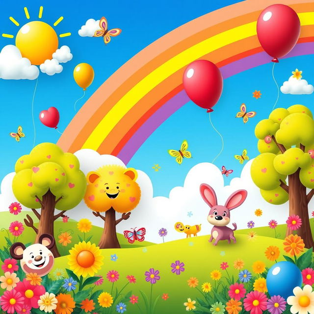 A vibrant and colorful background designed for children's activities featuring playful elements like cartoon animals, bright trees with cheerful faces, colorful flowers, and a sunny blue sky with fluffy clouds