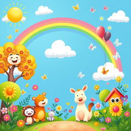 A vibrant and colorful background designed for children's activities featuring playful elements like cartoon animals, bright trees with cheerful faces, colorful flowers, and a sunny blue sky with fluffy clouds