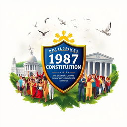 A symbolic representation of the 1987 Philippine Constitution, showcasing it as a vibrant shield that encapsulates democracy and human rights