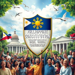 A symbolic representation of the 1987 Philippine Constitution, showcasing it as a vibrant shield that encapsulates democracy and human rights