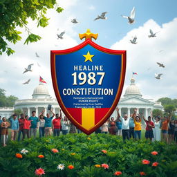 A symbolic representation of the 1987 Philippine Constitution, showcasing it as a vibrant shield that encapsulates democracy and human rights