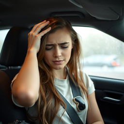 A young woman sitting in a car, holding her head in discomfort, clearly suffering from a headache